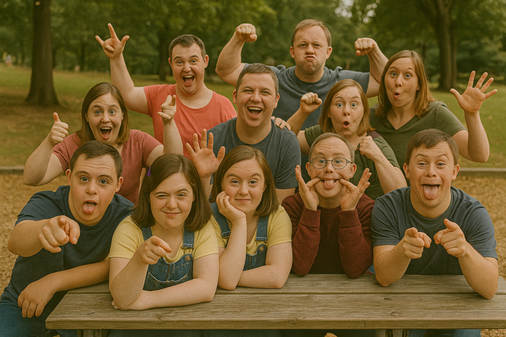 A vibrant group of adults with Down syndrome joyfully pose with goofy faces and playful energy at the park — celebrating inclusivity, self-expression, neurodiverse communities, and the lifelong value of connection and friendship for individuals with special needs.

