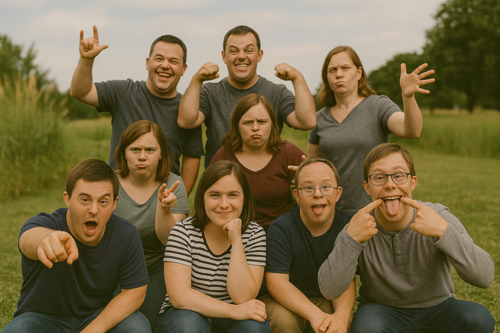 Diverse group of adults with Down syndrome confidently pose together in a field, showcasing friendship, self-pride, and empowerment — promoting visibility, inclusion, and the powerful stories behind every neurodiverse adult supported by a lifelong mom of special needs.
