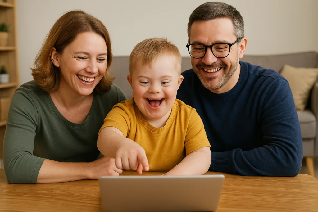Smiling mom and dad cheer on their autistic son with Down syndrome as he interacts with an educational laptop game, illustrating tech-assisted learning, parental support, and joyful milestones for children with special needs in a digital age.

