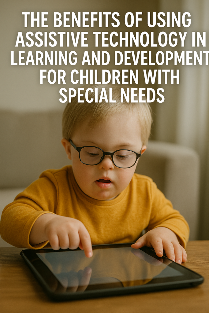 Mom of special needs child supports early development using assistive technology on a tablet; young autistic boy with Down syndrome wearing glasses learns through educational apps at home.