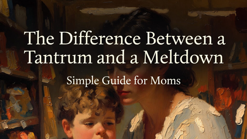 Vertical 4:5 image in a heavy 19th-century oil painting style with thick impasto brush strokes and visible canvas texture. Warm amber lighting with deep browns and muted gold tones fills a softly lit store aisle. A mother kneels beside her overwhelmed child, her posture calm and protective, conveying steady compassion rather than urgency. The background is warmly blurred, creating a grounded, emotionally anchored atmosphere. The top 20% of the image contains negative space with centered cream serif text reading, “The Difference Between a Tantrum and a Meltdown,” and a smaller subheading below, “Simple Guide for Moms,” set against a subtle dark gradient for readability.