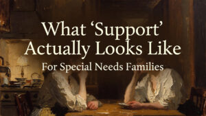 Vertical 4:5 format. Heavy 19th-century oil painting style. Thick impasto brush strokes. Visible canvas texture. Warm amber lighting. Deep browns and muted gold tones. Scene: Two mothers sitting together at a wooden kitchen table, one listening attentively while the other speaks softly. Gentle lamplight. Calm, intimate atmosphere. No dramatic emotion—just steady presence. Atmosphere: Warm, grounded, relational. Top 20% negative space for title. Embedded text at top center: Main Title (large serif, cream/off-white): “What ‘Support’ Actually Looks Like” Subheading below (smaller serif, cream/off-white): “For Special Needs Families” Typography: • Elegant serif • Cream/off-white • Center aligned • Subtle dark gradient overlay behind text • Mobile readable • No extra text