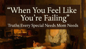 Vertical 4:5 format. Heavy 19th-century oil painting style. Thick impasto brush strokes. Visible canvas texture. Warm amber lighting. Deep browns and muted gold tones. Scene: A mother sitting at a kitchen table at dusk, soft lamplight illuminating her face. She appears tired but composed, holding a notebook or folder. Background warm and shadowed. Expression reflective but steady. Atmosphere: Honest, grounded, emotionally resilient. Top 20% negative space for title. Embedded text at top center: Main Title (large serif, cream/off-white): “When You Feel Like You’re Failing” Subheading below (smaller serif, cream/off-white): “Truths Every Special Needs Mom Needs” Typography: • Elegant serif • Cream/off-white • Center aligned • Subtle dark gradient overlay behind text • Mobile readable • No extra text