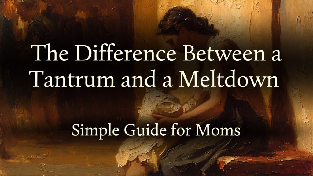 Vertical 4:5 format. Heavy 19th-century oil painting style. Thick impasto brush strokes. Visible canvas texture. Warm amber lighting. Deep browns and muted gold tones. Scene: A mother kneeling calmly beside her child in a softly lit public space (like a park bench or store aisle). Child appears overwhelmed but not dramatic. Mother’s posture steady and protective. Background blurred with warm shadow. Atmosphere: Compassionate, grounded, emotionally steady. Top 20% negative space for title. Embedded text at top center: Main Title (large serif, cream/off-white): “The Difference Between a Tantrum and a Meltdown” Subheading below (smaller serif, cream/off-white): “Simple Guide for Moms” Typography: • Elegant serif • Cream/off-white • Center aligned • Subtle dark gradient overlay behind text • Mobile readable • No extra text