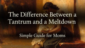 Vertical 4:5 format. Heavy 19th-century oil painting style. Thick impasto brush strokes. Visible canvas texture. Warm amber lighting. Deep browns and muted gold tones. Scene: A mother kneeling calmly beside her child in a softly lit public space (like a park bench or store aisle). Child appears overwhelmed but not dramatic. Mother’s posture steady and protective. Background blurred with warm shadow. Atmosphere: Compassionate, grounded, emotionally steady. Top 20% negative space for title. Embedded text at top center: Main Title (large serif, cream/off-white): “The Difference Between a Tantrum and a Meltdown” Subheading below (smaller serif, cream/off-white): “Simple Guide for Moms” Typography: • Elegant serif • Cream/off-white • Center aligned • Subtle dark gradient overlay behind text • Mobile readable • No extra text