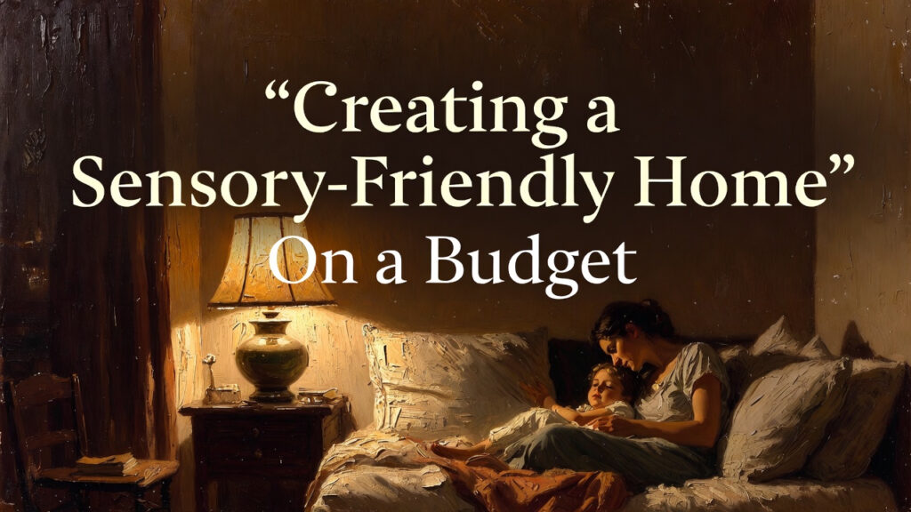 Vertical 4:5 format. Heavy 19th-century oil painting style. Thick impasto brush strokes. Visible canvas texture. Warm amber lighting. Deep browns and muted gold tones. Scene: A softly lit living room with warm lamplight. A mother sitting beside her child in a cozy corner with blankets and pillows. Calm atmosphere. Minimal clutter. Gentle expressions. Atmosphere: Peaceful, grounded, warm. Emotional realism without dramatic tension. Top 20% negative space for title. Embedded text at top center: Main Title (large serif, cream/off-white): “Creating a Sensory-Friendly Home” Subheading below (smaller serif, cream/off-white): “On a Budget” Typography: • Elegant serif • Cream/off-white • Center aligned • Subtle dark gradient overlay behind text • Mobile readable • No extra text