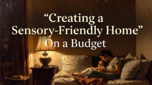 Vertical 4:5 format. Heavy 19th-century oil painting style. Thick impasto brush strokes. Visible canvas texture. Warm amber lighting. Deep browns and muted gold tones. Scene: A softly lit living room with warm lamplight. A mother sitting beside her child in a cozy corner with blankets and pillows. Calm atmosphere. Minimal clutter. Gentle expressions. Atmosphere: Peaceful, grounded, warm. Emotional realism without dramatic tension. Top 20% negative space for title. Embedded text at top center: Main Title (large serif, cream/off-white): “Creating a Sensory-Friendly Home” Subheading below (smaller serif, cream/off-white): “On a Budget” Typography: • Elegant serif • Cream/off-white • Center aligned • Subtle dark gradient overlay behind text • Mobile readable • No extra text