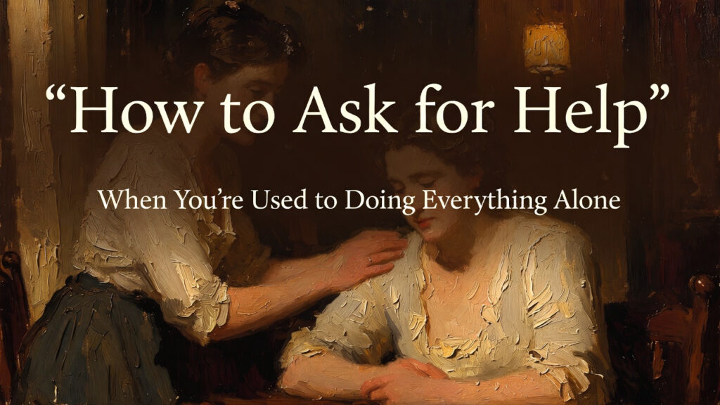 Vertical 4:5 format. Heavy 19th-century oil painting style. Thick impasto brush strokes. Visible canvas texture. Warm amber lighting. Deep browns and muted gold tones. Scene: A mother sitting at a wooden table while another adult gently places a supportive hand on her shoulder. Warm lamplight. Expression soft, slightly relieved, emotionally steady. Atmosphere: Gentle strength, vulnerability with dignity, grounded warmth. Top 20% negative space for title. Embedded text at top center: Main Title (large serif, cream/off-white): “How to Ask for Help” Subheading below (smaller serif, cream/off-white): “When You’re Used to Doing Everything Alone” Typography: • Elegant serif • Cream/off-white • Center aligned • Subtle dark gradient overlay behind text • Mobile readable • No extra text