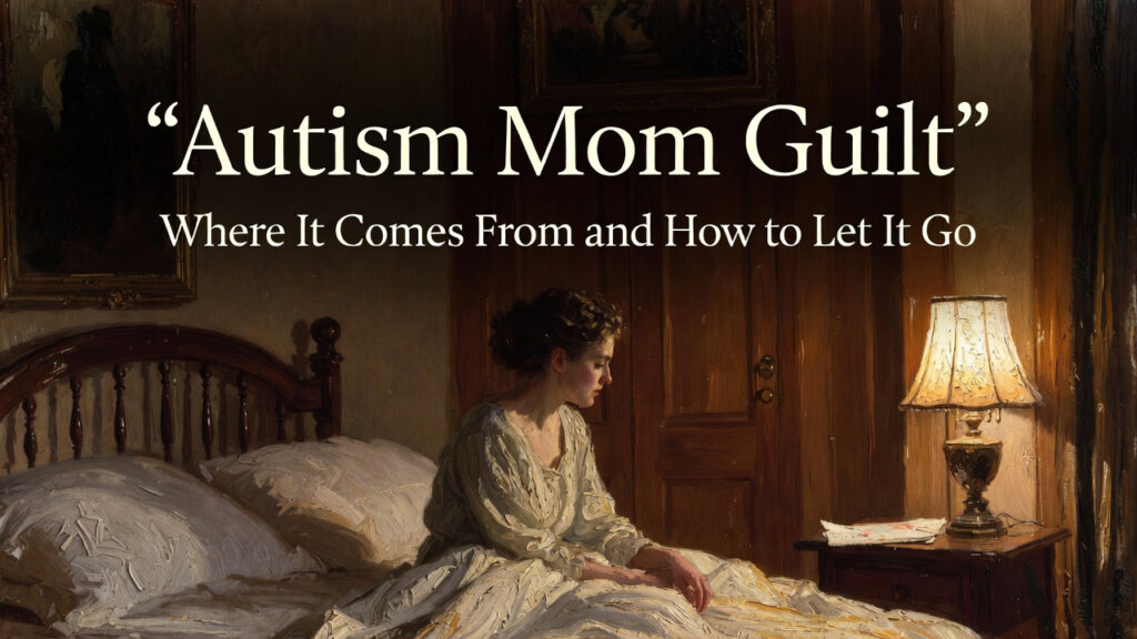 Vertical 4:5 format. Heavy 19th-century oil painting style. Thick impasto brush strokes. Visible canvas texture. Warm amber lighting. Deep browns and muted gold tones. Scene: A mother sitting quietly in a softly lit bedroom at night, gentle lamplight casting warm glow. She looks reflective but calm, not distressed. A child’s drawing rests on the bedside table. Atmosphere: Intimate, emotionally grounded, hopeful. Top 20% negative space for title. Embedded text at top center: Main Title (large serif, cream/off-white): “Autism Mom Guilt” Subheading below (smaller serif, cream/off-white): “Where It Comes From and How to Let It Go” Typography: • Elegant serif • Cream/off-white • Center aligned • Subtle dark gradient overlay behind text • Mobile readable • No extra text 9️⃣ Strategic Breakdown Section Why This Topic Ranks Search interest around “autism mom guilt,” “parent guilt autism,” and caregiver emotional stress is strong and ongoing. This topic captures high-emotion, high-engagement traffic. Why It Builds Authority It positions your brand as emotionally intelligent and psychologically aware. You normalize complex feelings responsibly. How It Feeds Long-Term Monetization This content supports: * Emotional resilience workshops * Guided journaling programs * Counseling referral partnerships * Premium support memberships Emotionally resonant content increases retention and trust. How It Strengthens Identity Movement It reframes autism moms as: Compassionate. Aware. Sustainable. Not driven by guilt. That identity builds healthier advocacy. And healthier advocacy builds lasting movements.