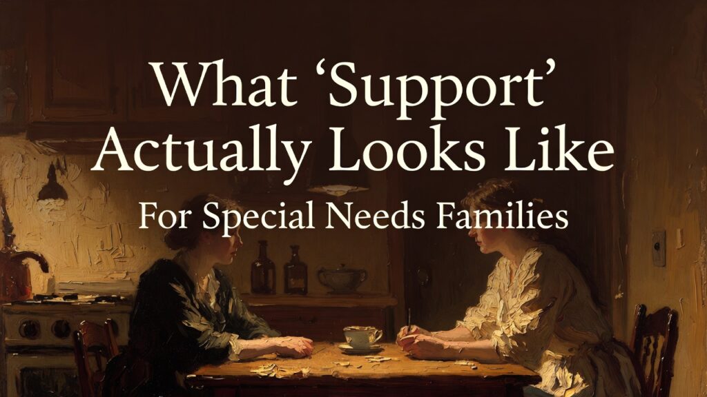 Vertical 4:5 format. Heavy 19th-century oil painting style. Thick impasto brush strokes. Visible canvas texture. Warm amber lighting. Deep browns and muted gold tones. Scene: Two mothers sitting together at a wooden kitchen table, one listening attentively while the other speaks softly. Gentle lamplight. Calm, intimate atmosphere. No dramatic emotion—just steady presence. Atmosphere: Warm, grounded, relational. Top 20% negative space for title. Embedded text at top center: Main Title (large serif, cream/off-white): “What ‘Support’ Actually Looks Like” Subheading below (smaller serif, cream/off-white): “For Special Needs Families” Typography: • Elegant serif • Cream/off-white • Center aligned • Subtle dark gradient overlay behind text • Mobile readable • No extra text
