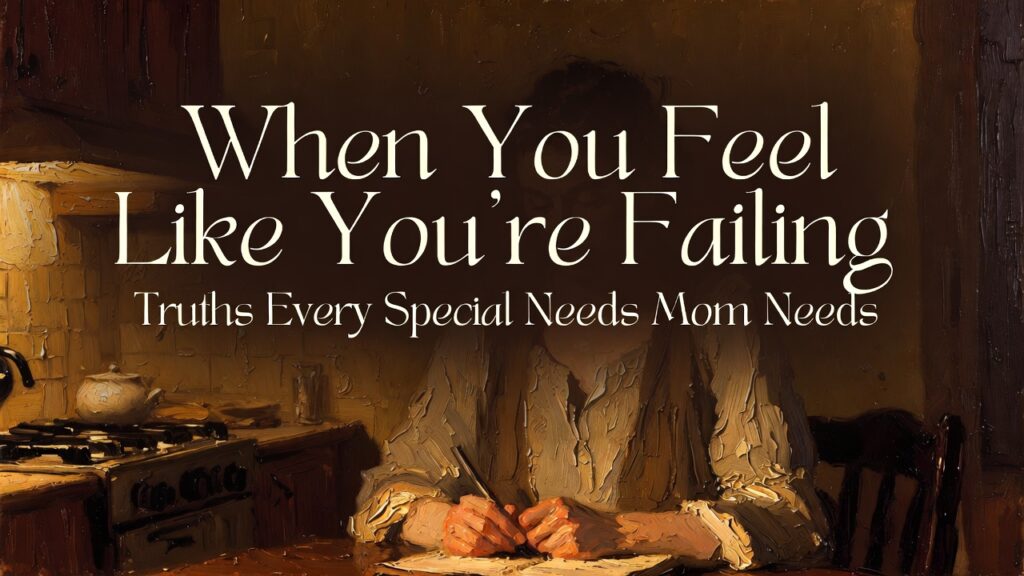 Vertical 4:5 format. Heavy 19th-century oil painting style. Thick impasto brush strokes. Visible canvas texture. Warm amber lighting. Deep browns and muted gold tones. Scene: A mother sitting at a kitchen table at dusk, soft lamplight illuminating her face. She appears tired but composed, holding a notebook or folder. Background warm and shadowed. Expression reflective but steady. Atmosphere: Honest, grounded, emotionally resilient. Top 20% negative space for title. Embedded text at top center: Main Title (large serif, cream/off-white): “When You Feel Like You’re Failing” Subheading below (smaller serif, cream/off-white): “Truths Every Special Needs Mom Needs” Typography: • Elegant serif • Cream/off-white • Center aligned • Subtle dark gradient overlay behind text • Mobile readable • No extra text