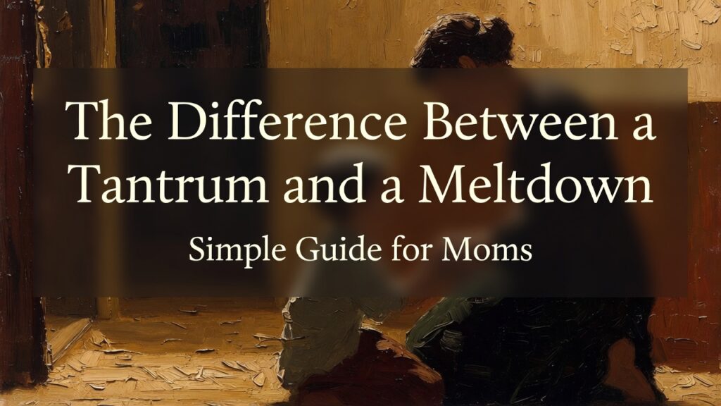 Vertical 4:5 format. Heavy 19th-century oil painting style. Thick impasto brush strokes. Visible canvas texture. Warm amber lighting. Deep browns and muted gold tones. Scene: A mother kneeling calmly beside her child in a softly lit public space (like a park bench or store aisle). Child appears overwhelmed but not dramatic. Mother’s posture steady and protective. Background blurred with warm shadow. Atmosphere: Compassionate, grounded, emotionally steady. Top 20% negative space for title. Embedded text at top center: Main Title (large serif, cream/off-white): “The Difference Between a Tantrum and a Meltdown” Subheading below (smaller serif, cream/off-white): “Simple Guide for Moms” Typography: • Elegant serif • Cream/off-white • Center aligned • Subtle dark gradient overlay behind text • Mobile readable • No extra text