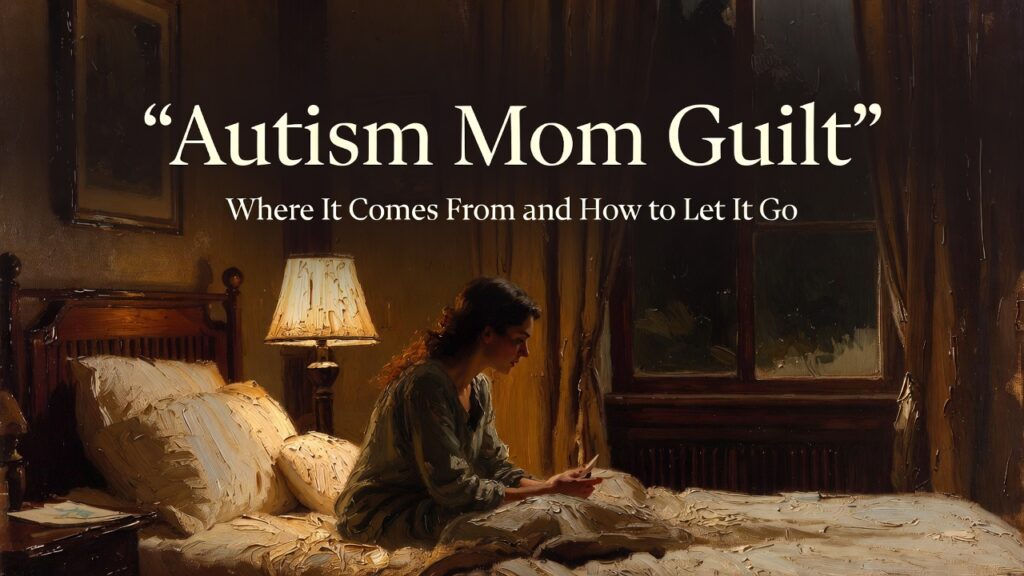 Vertical 4:5 format. Heavy 19th-century oil painting style. Thick impasto brush strokes. Visible canvas texture. Warm amber lighting. Deep browns and muted gold tones. Scene: A mother sitting quietly in a softly lit bedroom at night, gentle lamplight casting warm glow. She looks reflective but calm, not distressed. A child’s drawing rests on the bedside table. Atmosphere: Intimate, emotionally grounded, hopeful. Top 20% negative space for title. Embedded text at top center: Main Title (large serif, cream/off-white): “Autism Mom Guilt” Subheading below (smaller serif, cream/off-white): “Where It Comes From and How to Let It Go” Typography: • Elegant serif • Cream/off-white • Center aligned • Subtle dark gradient overlay behind text • Mobile readable • No extra text 9️⃣ Strategic Breakdown Section Why This Topic Ranks Search interest around “autism mom guilt,” “parent guilt autism,” and caregiver emotional stress is strong and ongoing. This topic captures high-emotion, high-engagement traffic. Why It Builds Authority It positions your brand as emotionally intelligent and psychologically aware. You normalize complex feelings responsibly. How It Feeds Long-Term Monetization This content supports: * Emotional resilience workshops * Guided journaling programs * Counseling referral partnerships * Premium support memberships Emotionally resonant content increases retention and trust. How It Strengthens Identity Movement It reframes autism moms as: Compassionate. Aware. Sustainable. Not driven by guilt. That identity builds healthier advocacy. And healthier advocacy builds lasting movements.