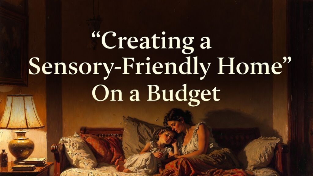 Vertical 4:5 format. Heavy 19th-century oil painting style. Thick impasto brush strokes. Visible canvas texture. Warm amber lighting. Deep browns and muted gold tones. Scene: A softly lit living room with warm lamplight. A mother sitting beside her child in a cozy corner with blankets and pillows. Calm atmosphere. Minimal clutter. Gentle expressions. Atmosphere: Peaceful, grounded, warm. Emotional realism without dramatic tension. Top 20% negative space for title. Embedded text at top center: Main Title (large serif, cream/off-white): “Creating a Sensory-Friendly Home” Subheading below (smaller serif, cream/off-white): “On a Budget” Typography: • Elegant serif • Cream/off-white • Center aligned • Subtle dark gradient overlay behind text • Mobile readable • No extra text