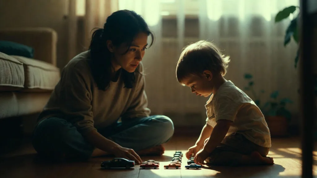 Parent noticing early signs of autism in their young child during play at home