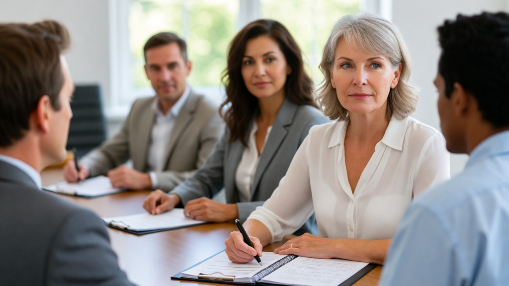 A special needs mom confidently advocating for her child at an IEP meeting with school officials