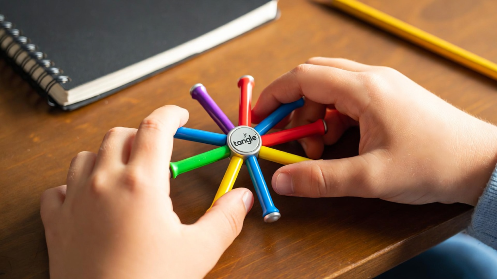 A child with ADHD using a tangle fidget toy at their school desk to improve focus during class