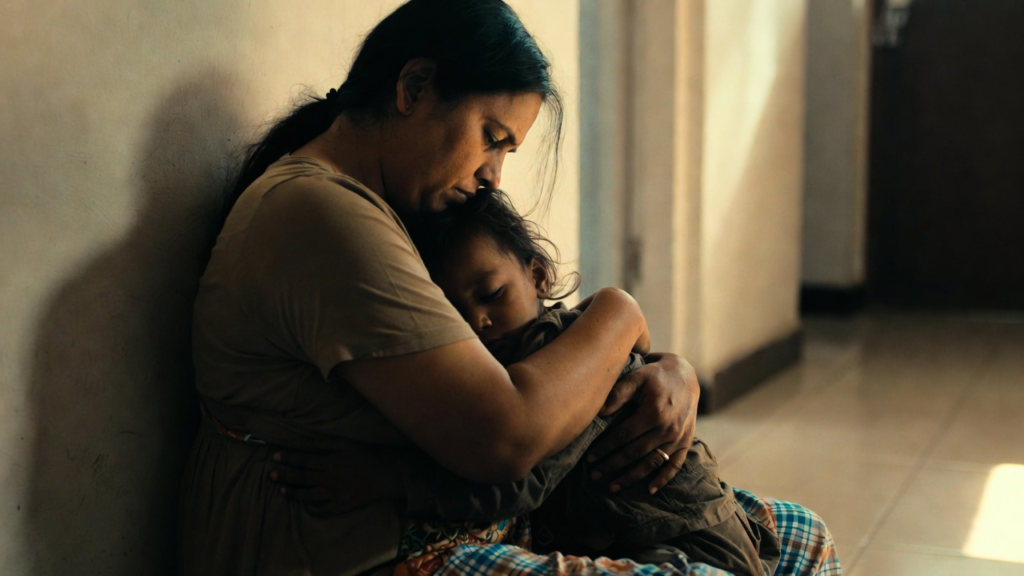 A mother and child in a quiet moment of reconnection after an autism meltdown — the calm after the storm