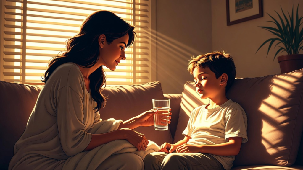 A mother supporting her child during the recovery phase after an autism meltdown with comfort and hydration