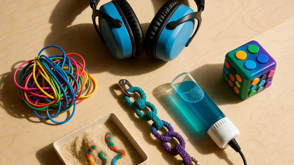 A collection of the best sensory toys for children with autism and sensory processing disorder laid out on a wooden surface