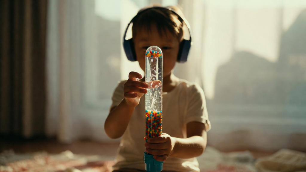 A child with sensory processing disorder using noise-canceling headphones and a liquid motion bubbler to self-regulate