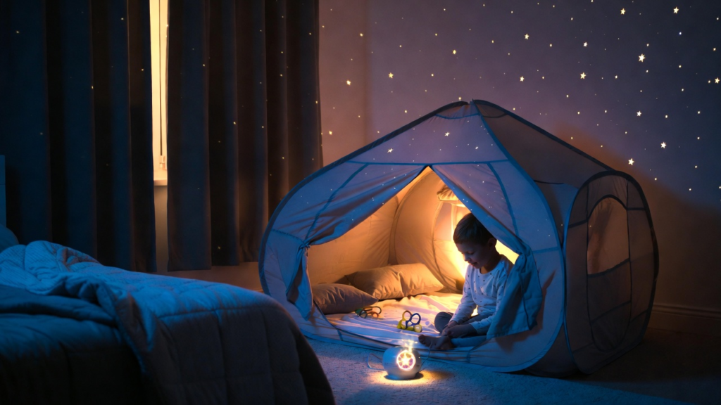 A child with autism sitting peacefully inside their calm corner tent filled with sensory-friendly comfort items