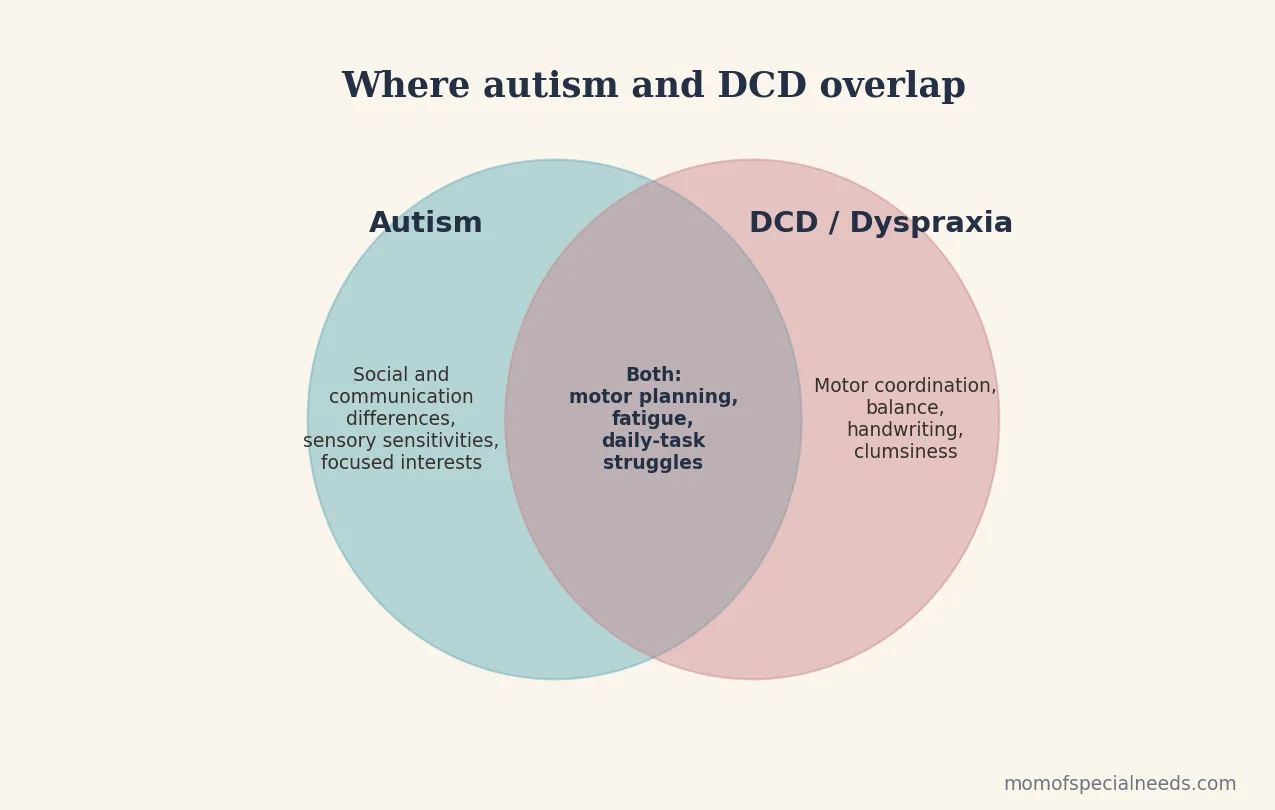 Venn diagram showing the overlap between autism and DCD