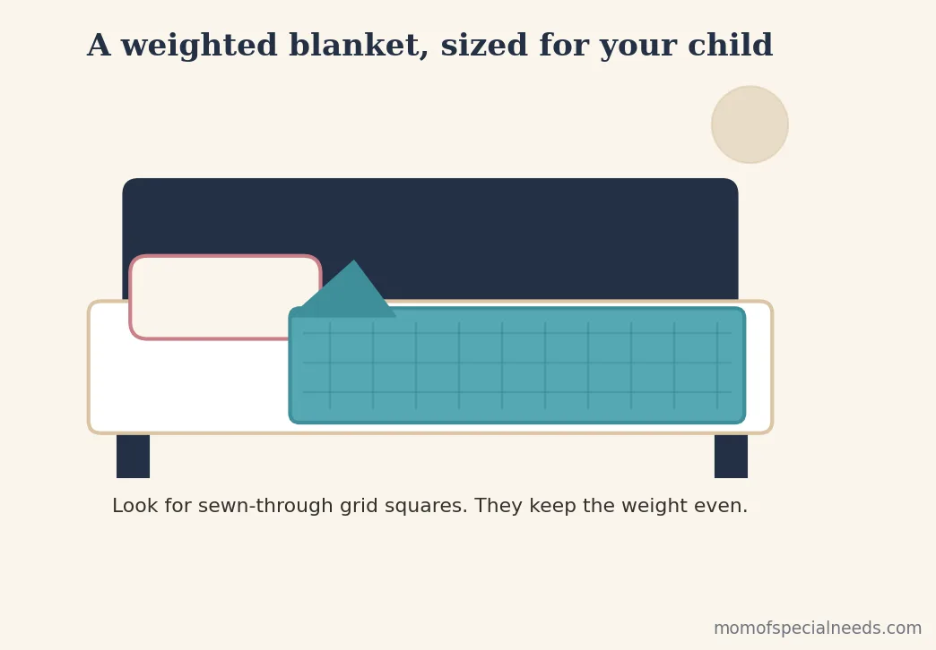 Illustration of a weighted blanket with sewn-through grid squares on a child's bed